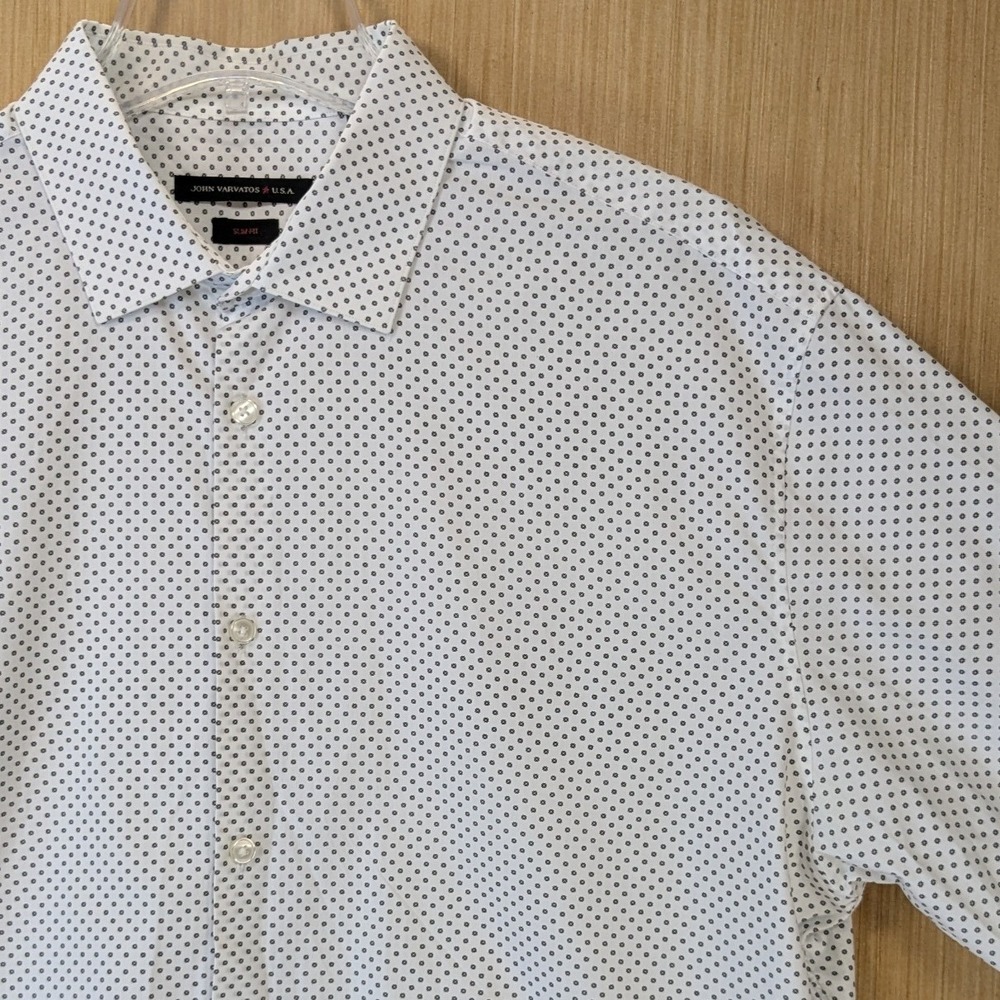 John Varvatos USA Mens Slim Fit Dress Shirt White Black Geometric Print 17 32/33